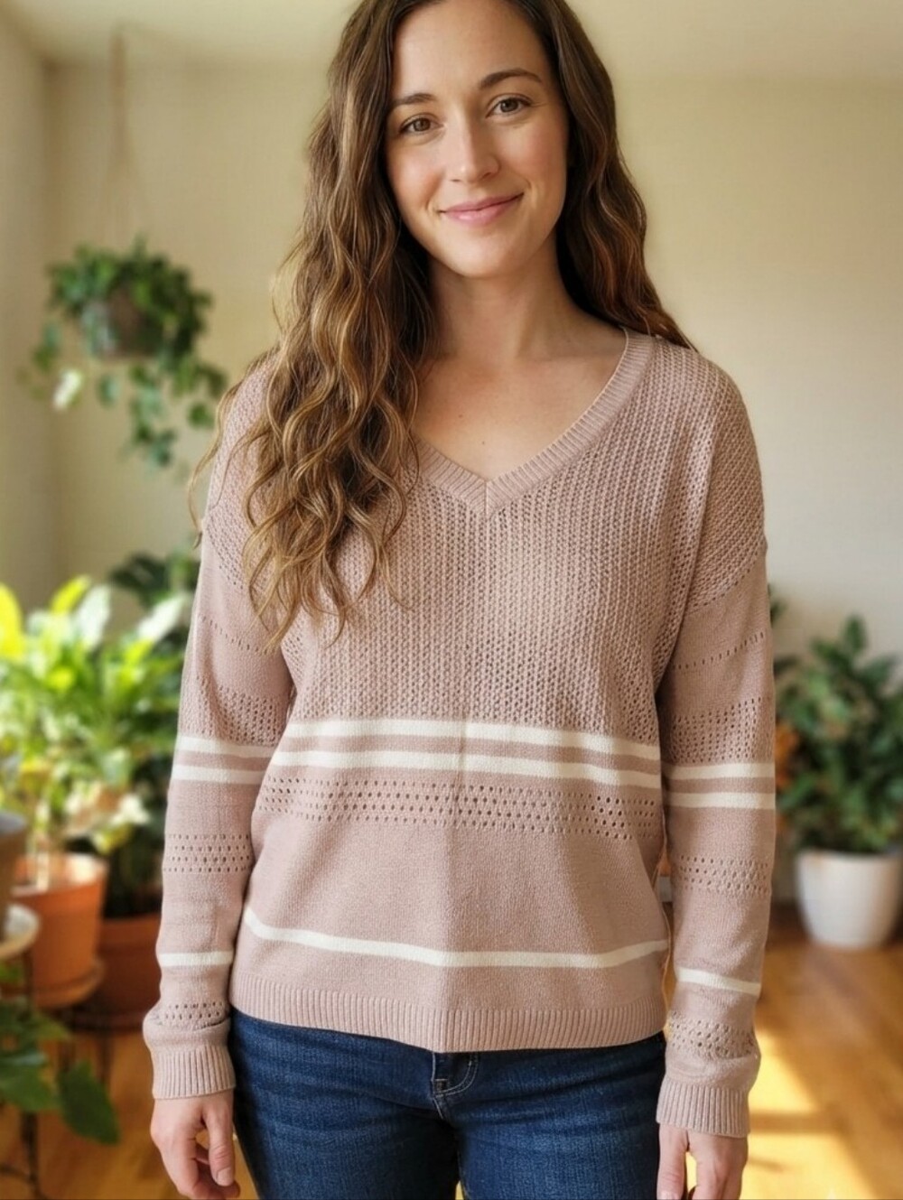 Gentle Fawn Dusty Rose V-Neck Sweater with Cream Stripes